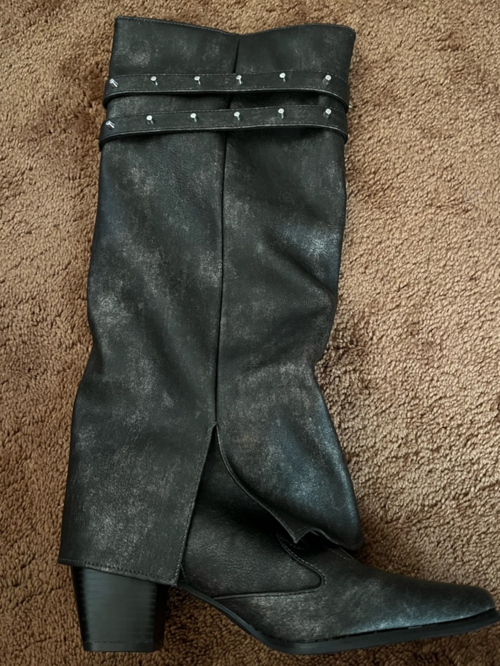 Women’s Black Mid-Calf Faux Leather Boots with Studded Straps